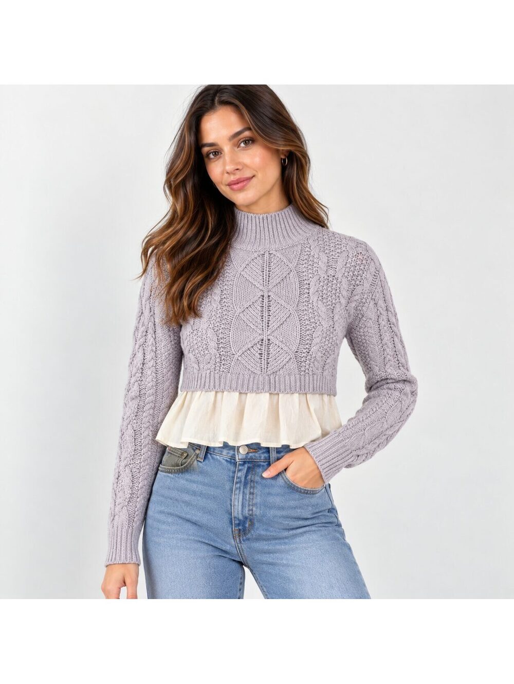 Maeve Anthropologie Cable Knit Mock Neck Sweater Layered Peplum Hem XS